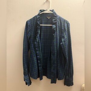 Brooks Brothers Women’s Size 10 Navy/Green Plaid Ruffle Collar Button Down Top